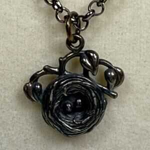 Vintage 825 Oxidized Silver Bird Nest Egg Pendant Chain Necklace Cottage Prairie